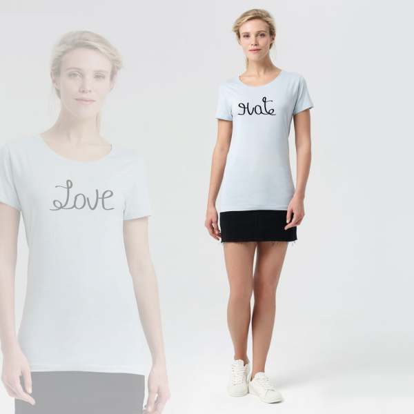 Футболка женская Hate-Love, голубая, S–XL