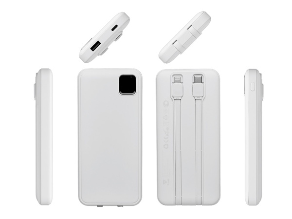 Внешний аккумулятор со встроенными кабелями «Фрэйм», 10000мач, Цвет белый