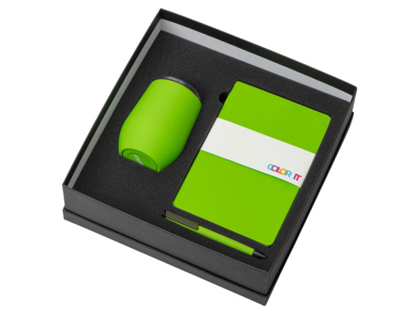 Подарочный набор "Color it" с блокнотом, пластиковой ручкой и термокружкой, Размер гибкая обложка, Цвет зеленое яблоко