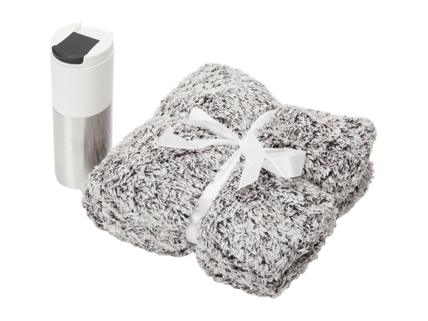 Подарочный набор «Хюгге» с пледом и термокружкой, Цвет плед- бело-черный, термокружка- белый/серебристый