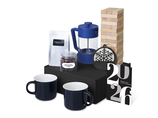 Подарочный набор «Re:Together» с френчпрессом, кружками и дженгой, Цвет синий