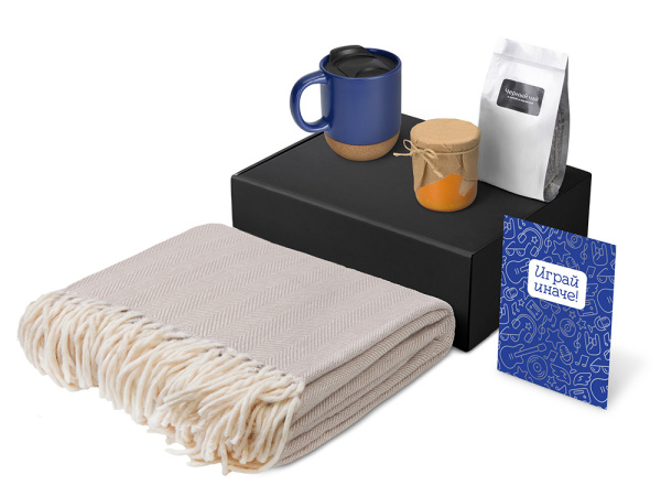 Подарочный набор «Re:y. Nest» с пледом, кружкой и вареньем, Цвет синий