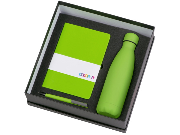 Подарочный набор «COLOR IT» c блокнотом, ручкой и термобутылкой, Размер твердая обложка, Цвет зеленое яблоко