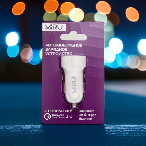 Автомобильное зарядное устройство для телефонов, планшетов Miru Quick Charge 3.0, 3.4 А, USB, белое / Быстрая зарядка