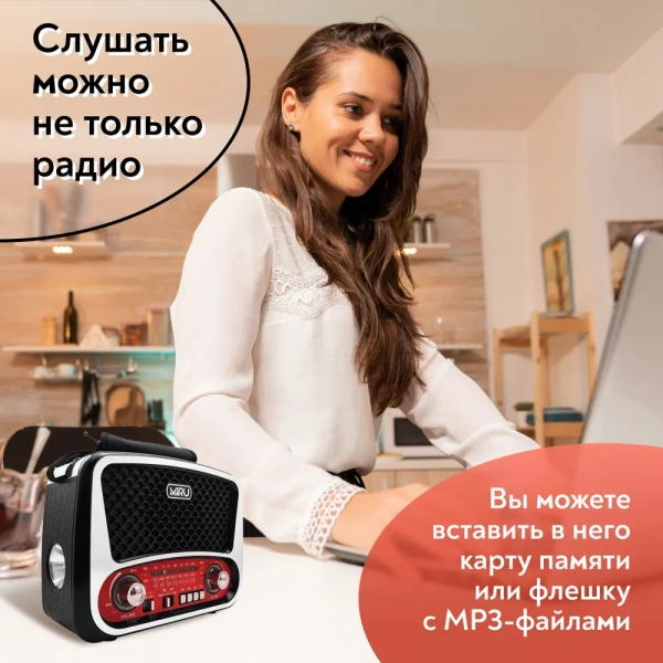 Радиоприемник SR-1019, аналоговый тюнер FM/AM, встроенный фонарь, USB, TF/SD, microSD, AUX