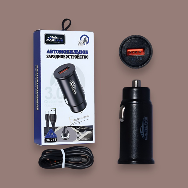 Автомобильное зарядное устройство Carlive CR21t, поддержка QC3.0, 1 USB-порт, мощность 12 Вт, кабель Type-C 1 м, черный / Супер быстрая зарядка с защитой