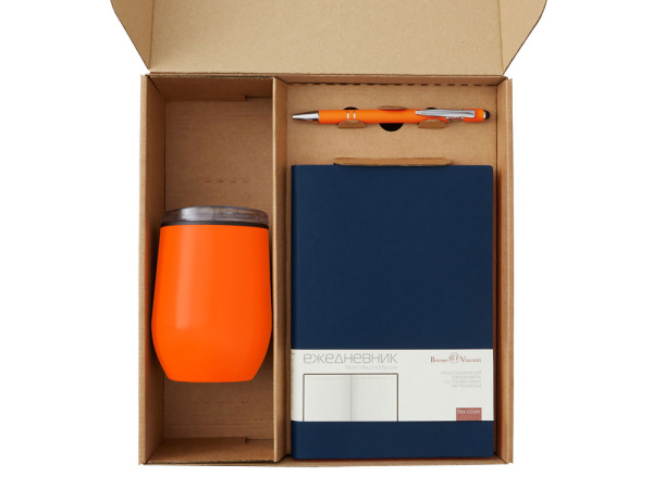 Набор «Writea» с ежедневником, ручкой и термокружкой, Цвет темно-синий, оранжевый