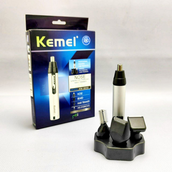 Профессиональный триммер KEMEI KM-6650 4 в 1 на подставке для ухода за волосами, бородой, бровями, ушами, носом, зоной бикини (4 насадки)