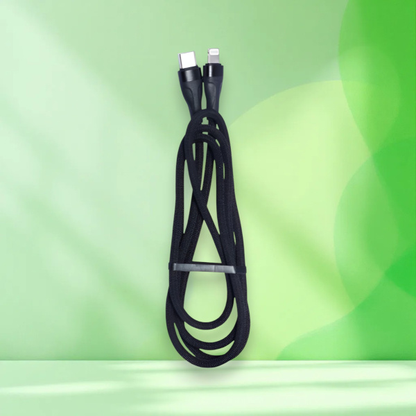 Кабель PD70 USB Type-C - Lightning, длина 1000мм, мощность 20Вт, тканевый, черный / Прочность и стиль для современных устройств