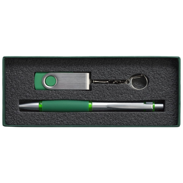 Коробка Notes с ложементом для ручки и флешки, зеленая, 17х7,3х2,5 см