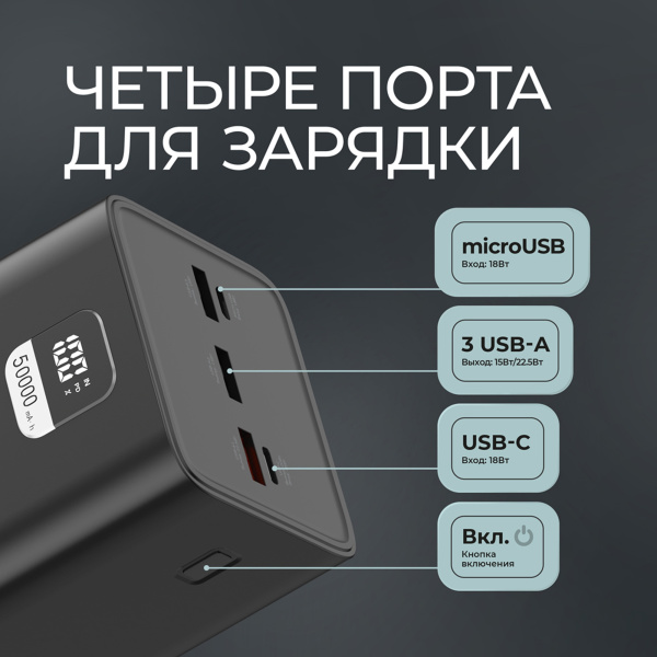 Внешний АКБ NRG Turbo V4 50000 мА-ч, дисплей, Размер 50000 mAh, Цвет черный