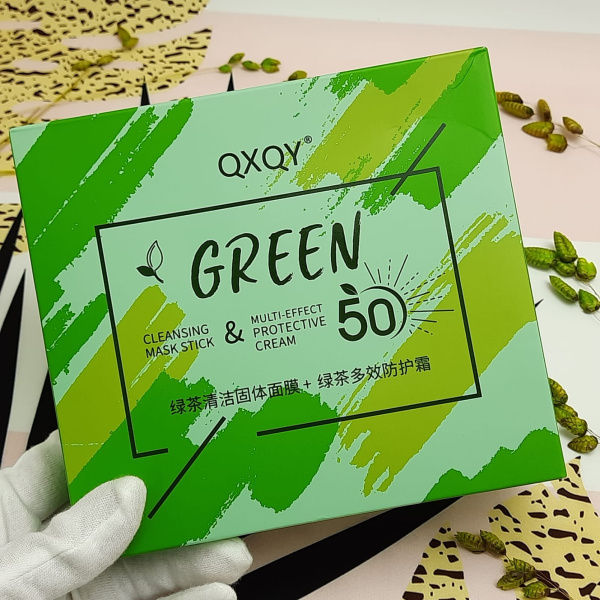 Набор уходовой косметики для лица с экстрактом зеленого чая (глиняная маска - стик, 50 g  +  защищаю