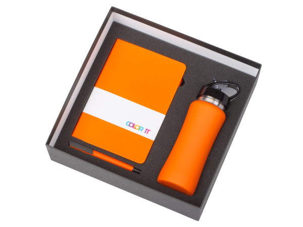 Подарочный набор c блокнотом C2, ручкой и бутылкой, Размер твердая обложка, Цвет оранжевый