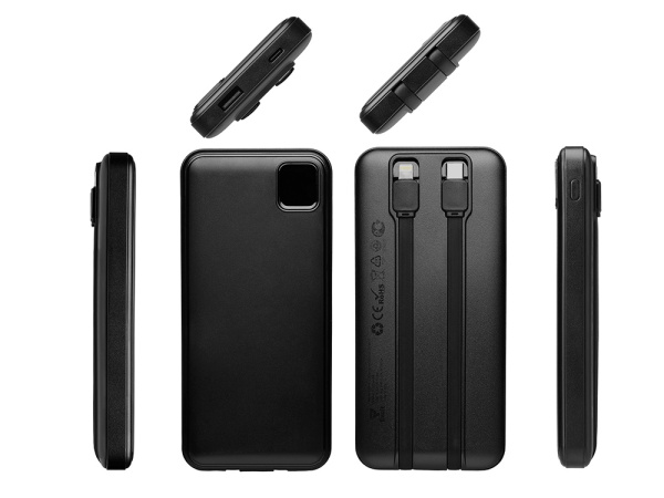 Внешний аккумулятор со встроенными кабелями «Фрэйм», 10000мач, Цвет черный