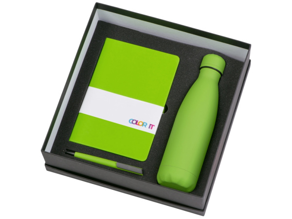 Подарочный набор «COLOR IT» c блокнотом, ручкой и термобутылкой, Размер гибкая обложка, Цвет зеленое яблоко