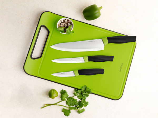 Набор из 3 ножей с пластиковой разделочной доской «OLIVIA», Цвет черный, зеленый