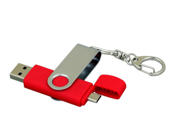 USB 2.0- флешка на 64 Гб с поворотным механизмом и дополнительным разъемом Micro USB, Размер 64ГБ, Цвет красный/серебристый