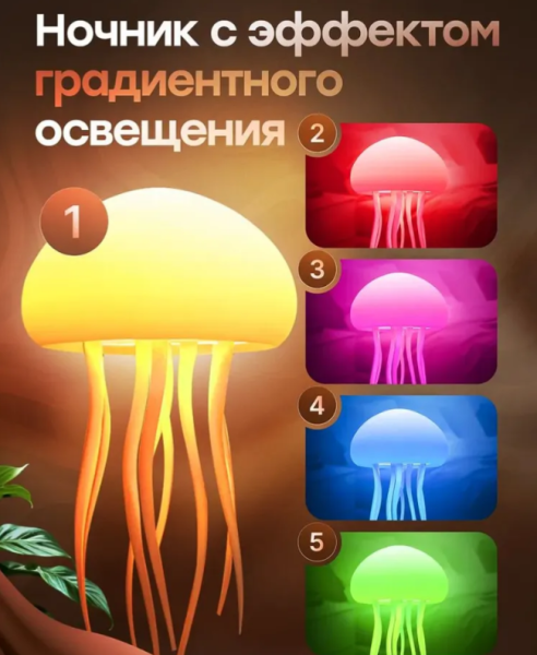 Ночник настольный Танцующая медуза, 5 цветов подсветки, встроенный аккумулятор