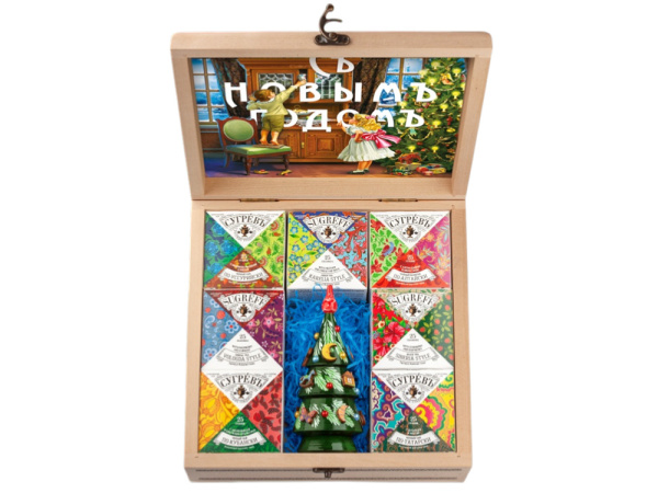 Подарочный набор "Народы России" с чаем и вареньем в деревянной шкатулке без лого, Цвет крафт/многоцвет