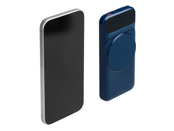 Магнитный беспроводной внешний аккумулятор со встроенными кабелями «Мэни», 10000 мАч, Цвет темно-синий