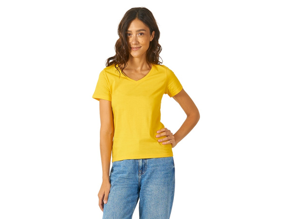 Футболка "Heavy Super Club" женская с V-образным вырезом, Размер S, Цвет золотисто-желтый