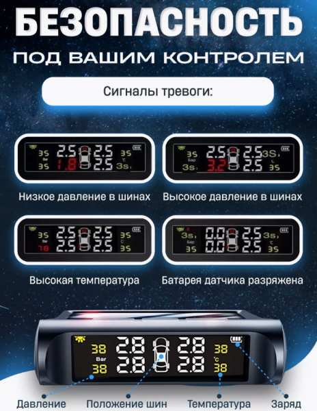 Система контроля давления в шинах TPMS на солнечной батарее / Датчики давления в шинах внешние, до 4 bar