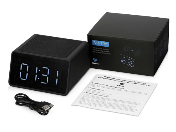 Беспроводная колонка с часами и функцией беспроводной зарядки «Sentry», Цвет черный