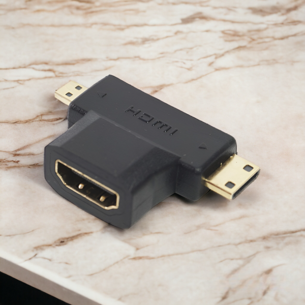 Угловой переходник HDMI F - mini HDMI M - micro HDMI M, черный / Для подключения ноутбуков, камер, видеокамер, планшетов к мониторам, телевизорам и проекторам