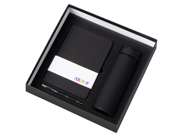 Подарочный набор "Color it" с блокнотом, металлической ручкой и термосом, Размер гибкая обложка, Цвет черный