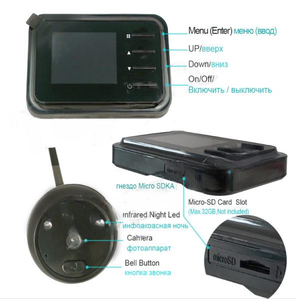 Умный видеоглазок для входной двери с экраном LCD  2.4 "Intelligence Peephole" (день/ночь, до 32 Gb) / Интеллектуальный звонок