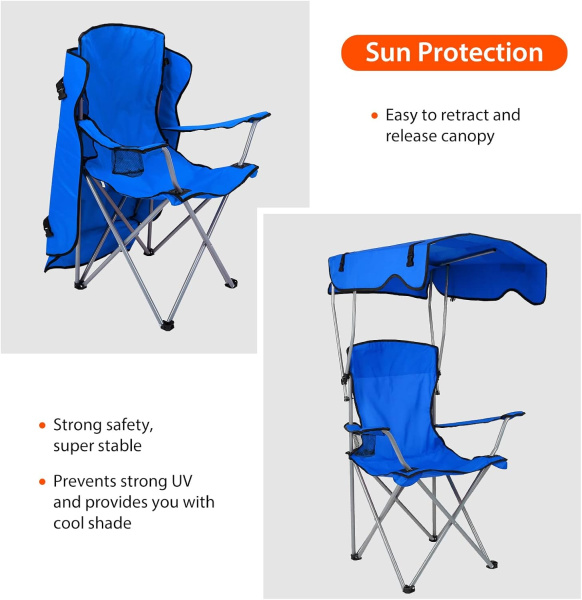 Складной пляжный стул с солнцезащитным навесом, синий / Портативный кемпинговый стул