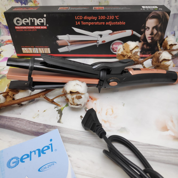 NEW  Стайлер для волос 3 в 1 (гофре, плойка, выпрямитель - утюжок) GEMEI GM-2979 с LCD дисплеем Белы